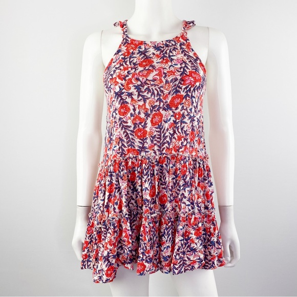 Billabong Dresses & Skirts - Billabong Red & Blue Open Back Floral Sleeveless Mini Dress Size S